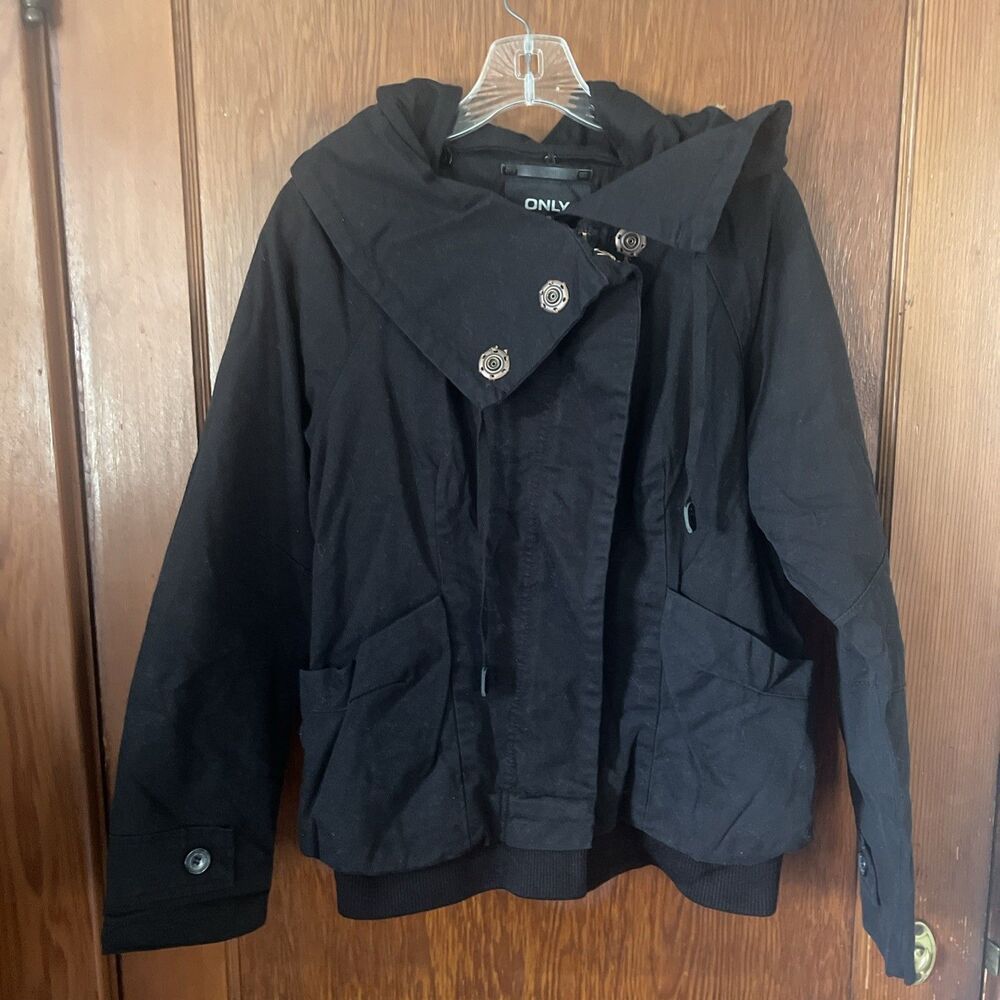 NWT ONLY Black Denim Jacket Warm Steampunk Zipper Snaps Hoodie Removable XL